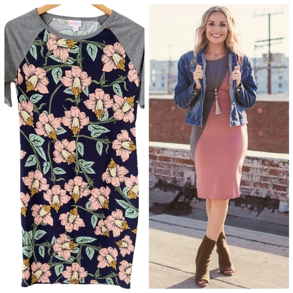 NWT LuLaRoe Julia Dress Navy Floral Gray Sleeves - Size S (4-6) - Picture 2 of 11